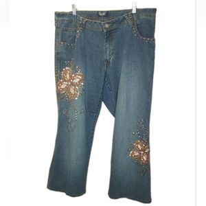 Angels Wide Leg Jeans Woman 20W Blue Denim Butterfly Floral Sequins Vtg 90s Y2K